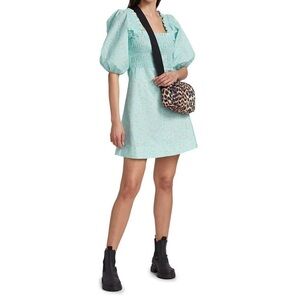 NWT GANNI Smocked Top Regal Puff Sleeve Floral Cotton Mini Dress size 36 / US 4